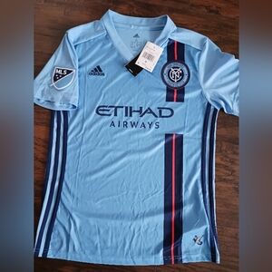 Youth Adidas Sky Blue Soccer Jersey with Navy and Red Stripes